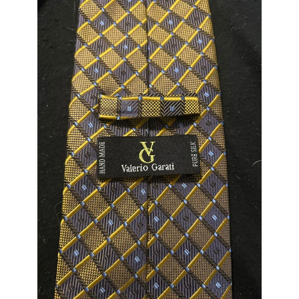 Valerio Garati Mens Silk Tie Gold Navy Blue Geometric‎ Check Hand Made Necktie